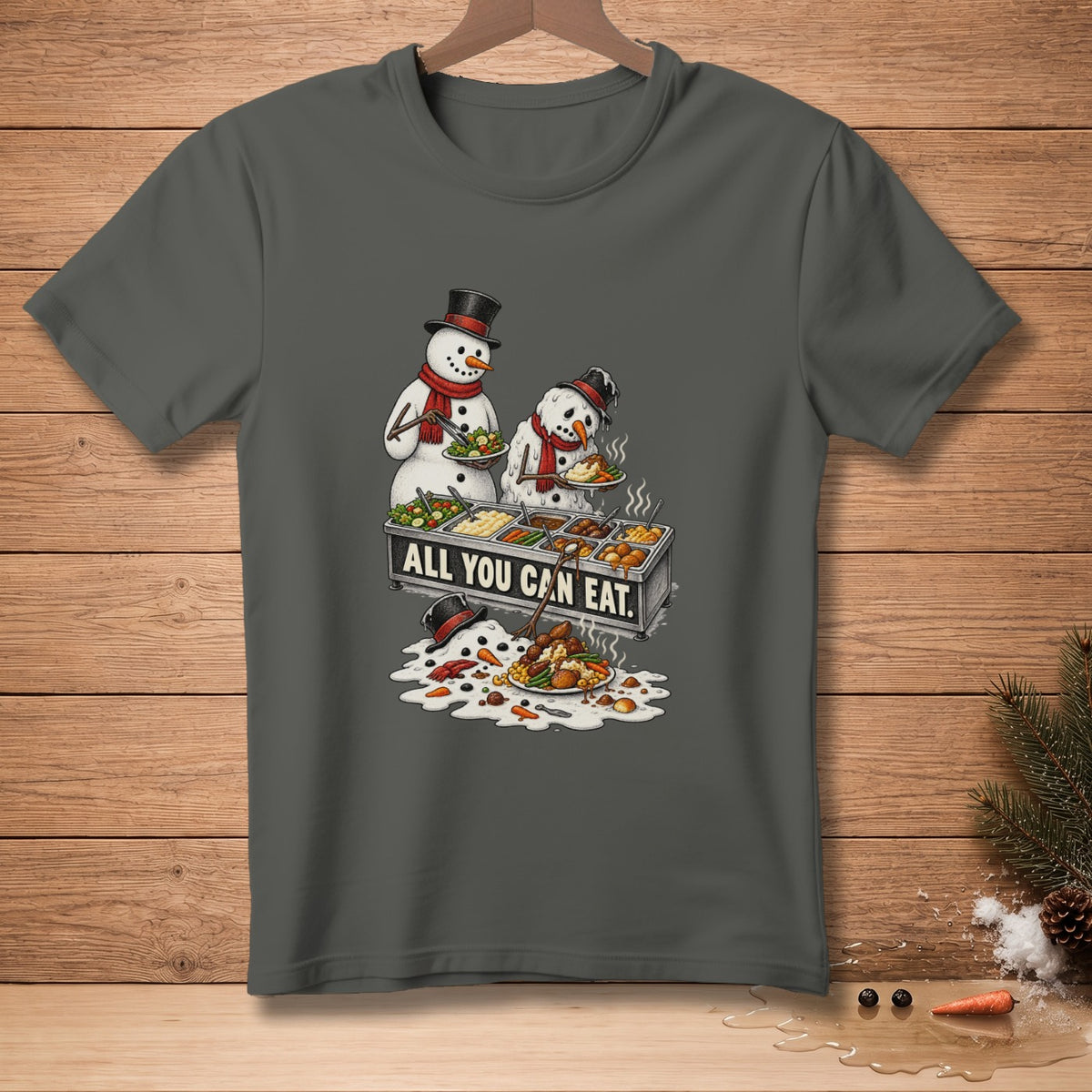 Snowmen at a buffet with text "ALL YOU CAN EAT" on a t-shirt.
