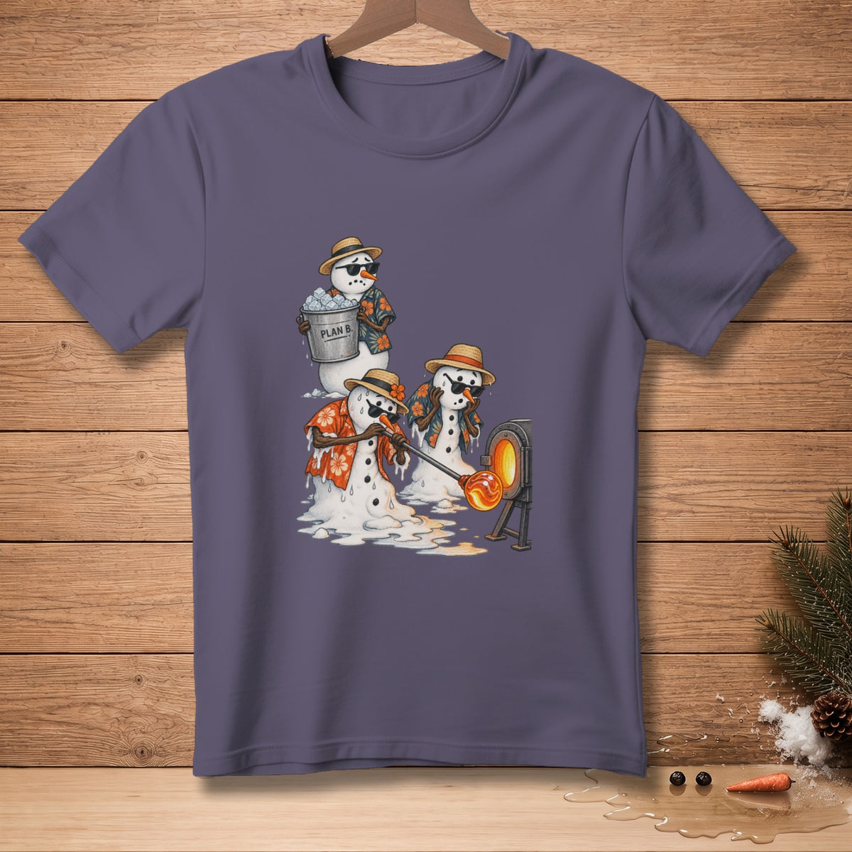 Melting snowmen in Hawaiian shirts glassblow a carrot.