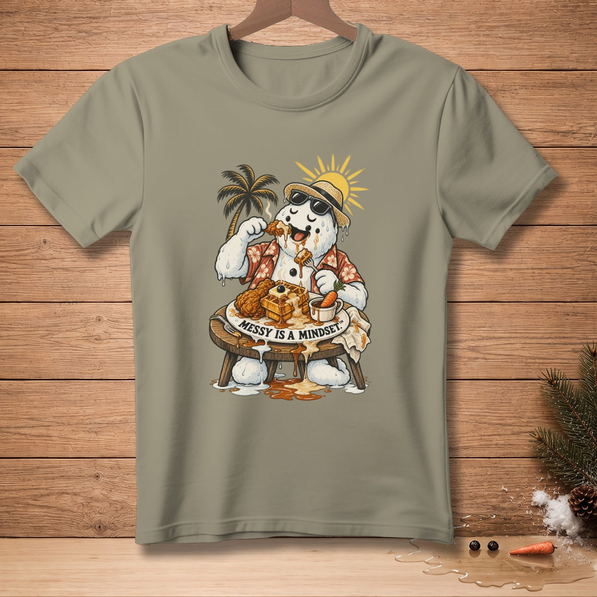 Snowman eating chicken and waffles with "Messy is a Mindset" text.