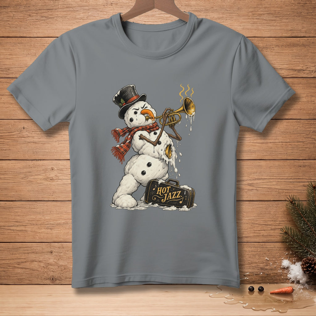 Snowman playing trumpet with "Hot Jazz" suitcase, melting.