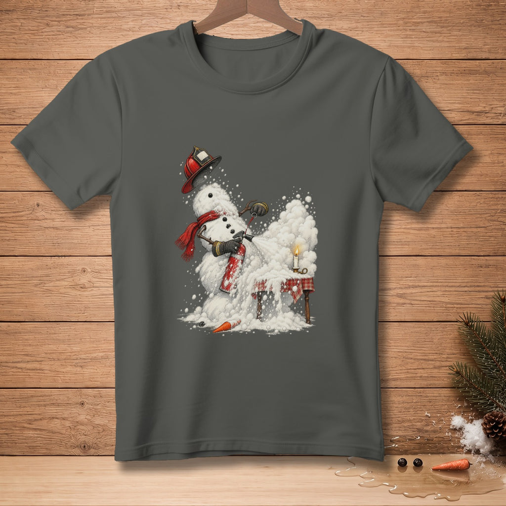 Snowman with firefighter helmet and red scarf spraying snow with fire extinguisher.