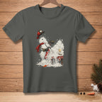 Snowman with firefighter helmet and red scarf spraying snow with fire extinguisher.