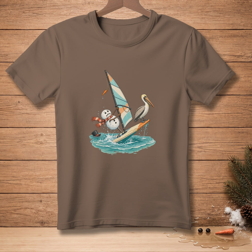 Snowman and pelican windsurfing on a sunny day with a carrot for a sail mast.