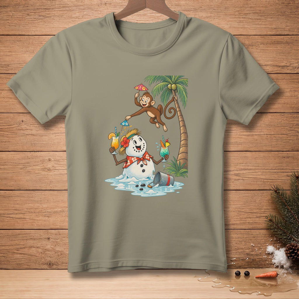 Monkey and melting snowman with tropical drinks on a palm-lined beach.
