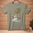 Monkey and melting snowman with tropical drinks on a palm-lined beach.