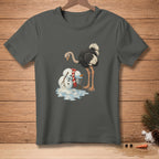 Ostrich with melting snowman, wearing a scarf, and a bucket of carrots.