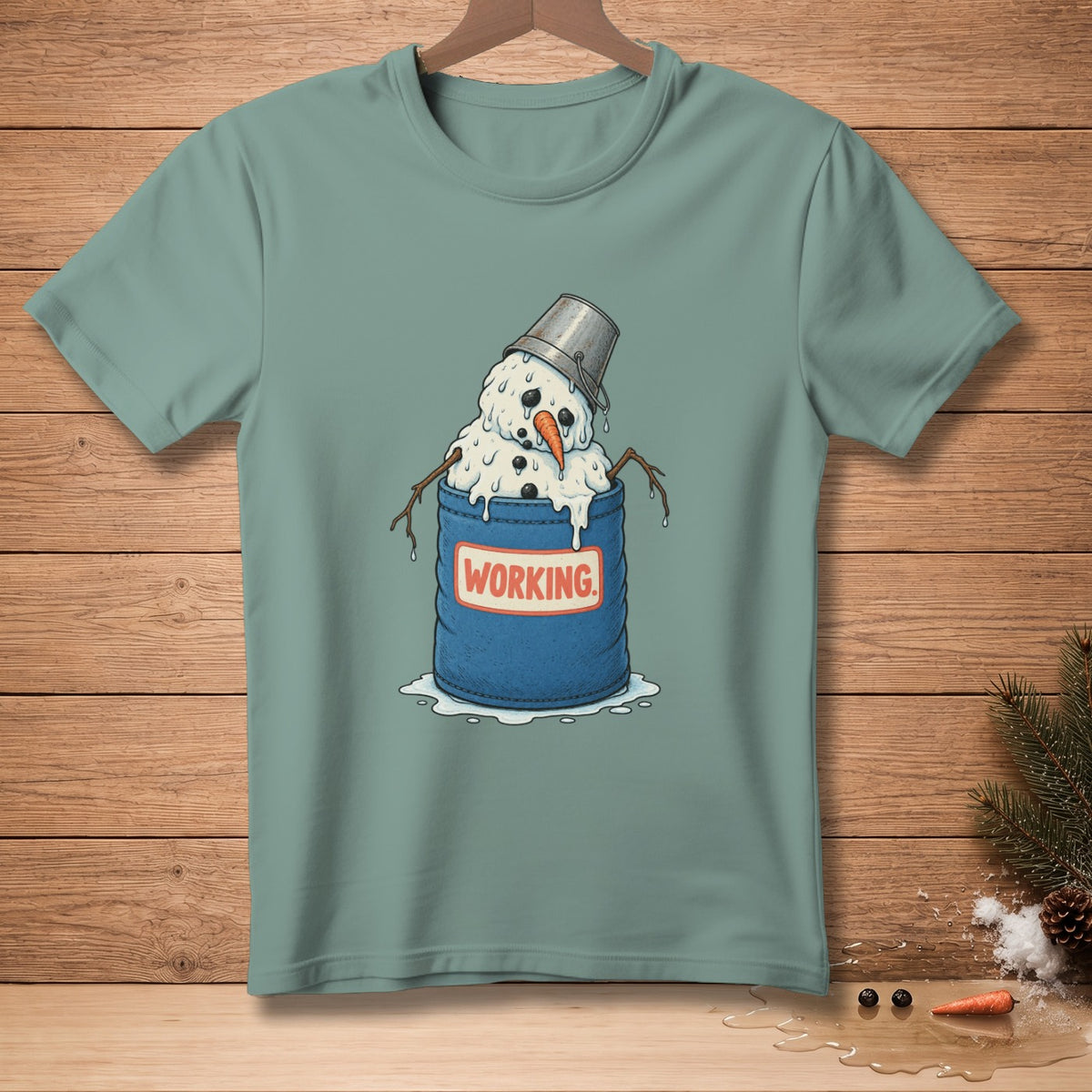Melting snowman in a bucket with "WORKING" label.