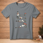 T-shirt graphic of snowmen attempting a race, with one succeeding.