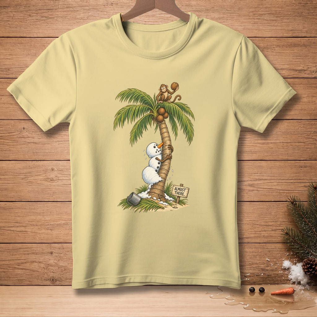 Snowmen climbing a palm tree, with a monkey at the top, and a sign that says "Almost There".