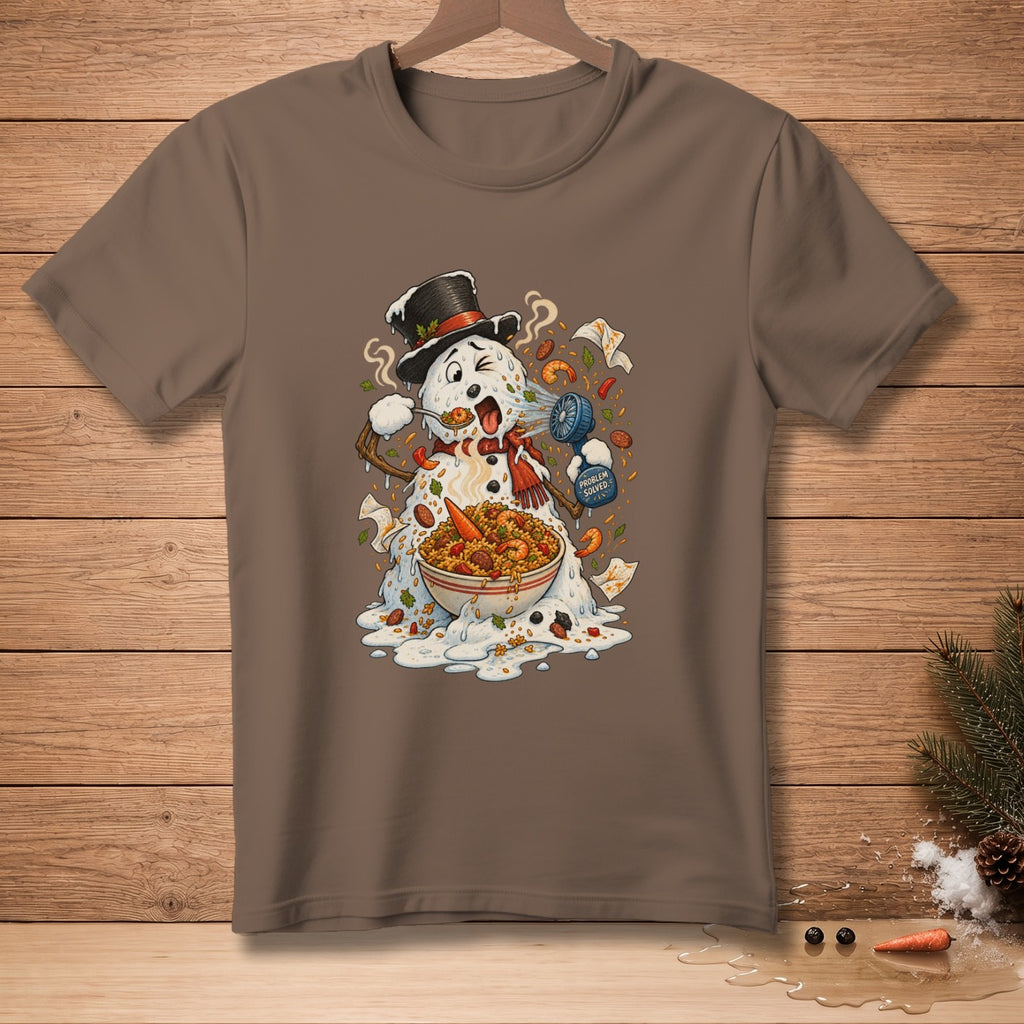 Melting snowman in a top hat eating paella, with a small fan labeled "PROBLEM SOLVED."