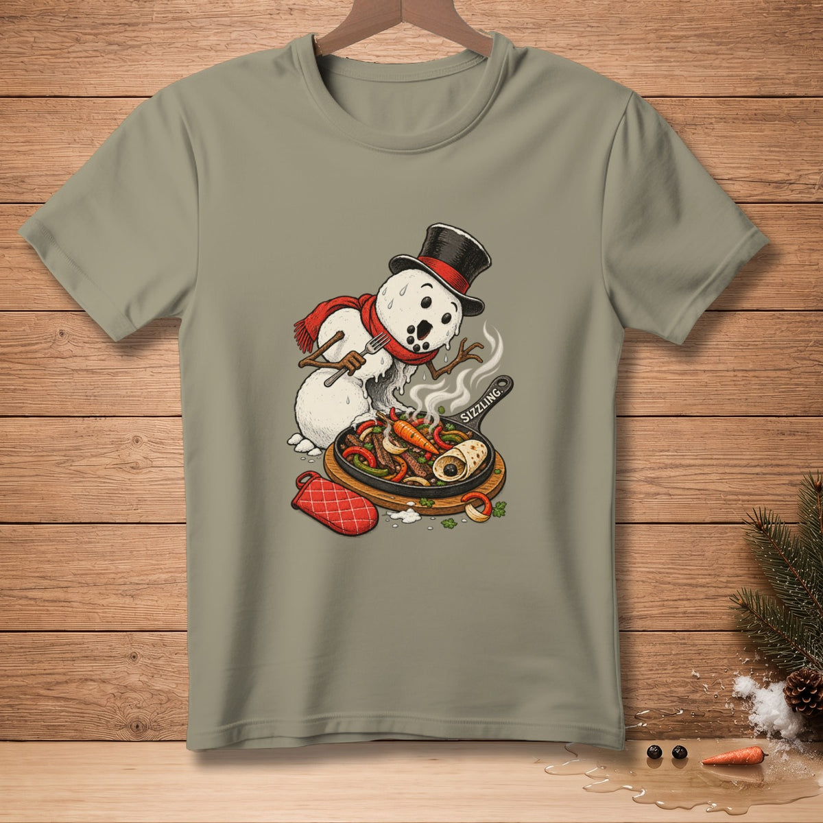 Snowman in top hat and scarf cooking sizzling fajitas with fork and potholder.