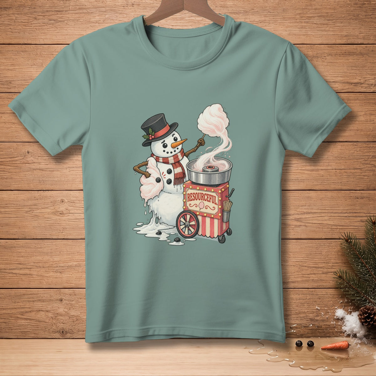 Snowman making cotton candy next to a cart that says "RESOURCEFUL".