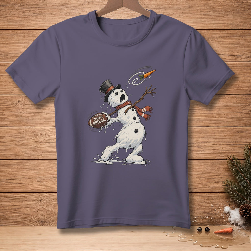 Melting snowman wearing a hat and scarf, holding a football labeled "Tight Spiral".