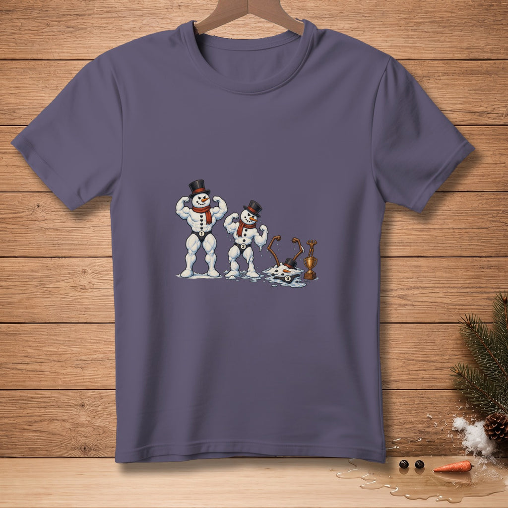 Two muscular snowmen posing, one larger than the other, with a melting snowman and trophy.