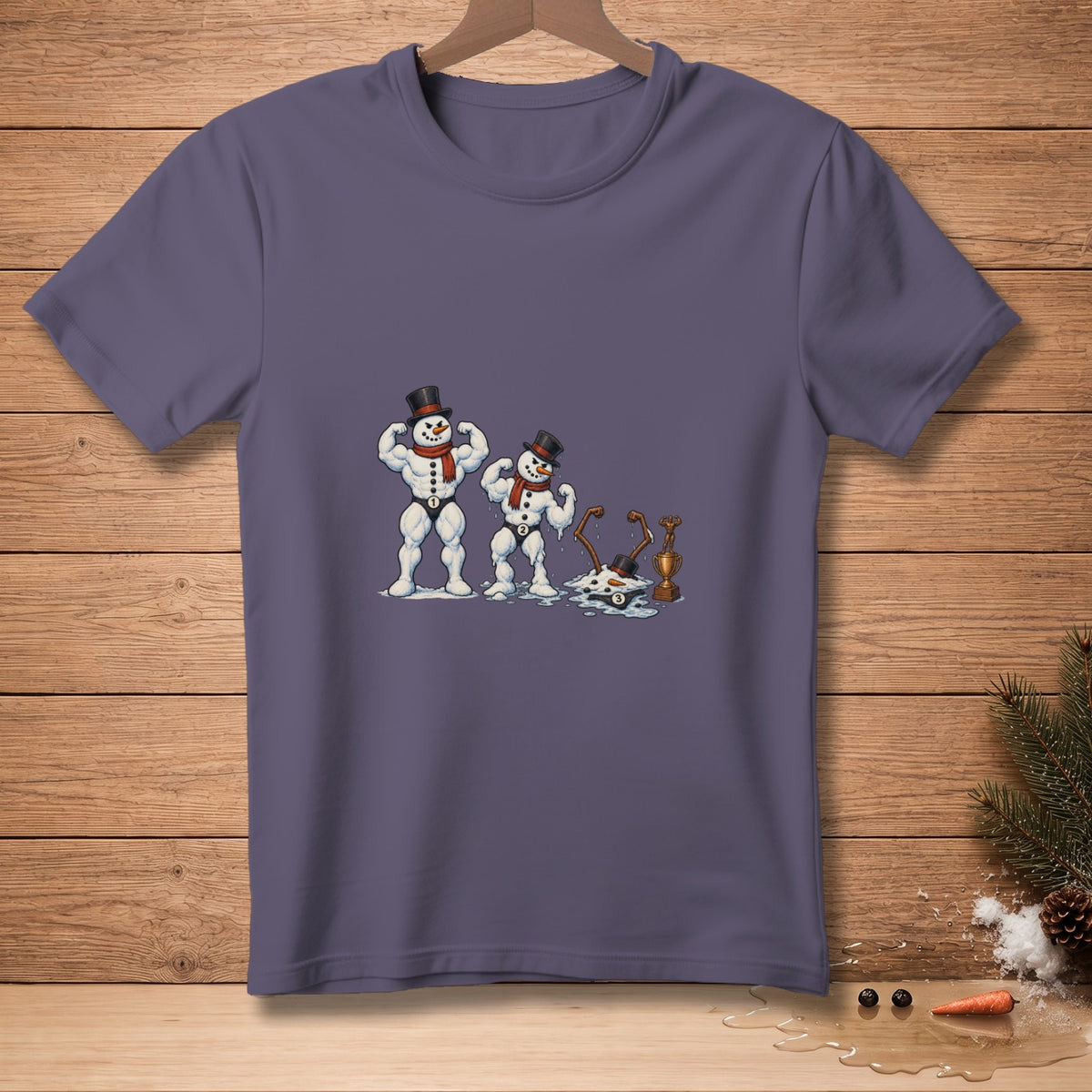 Two muscular snowmen posing, one larger than the other, with a melting snowman and trophy.