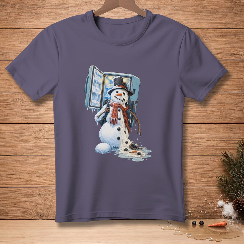 T-shirt graphic of melting snowman with open freezer, wearing hat and scarf.