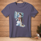 T-shirt graphic of melting snowman with open freezer, wearing hat and scarf.