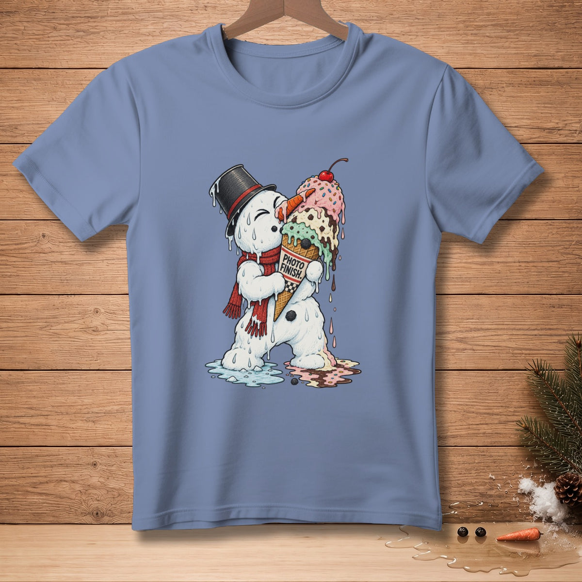 Melting snowman in hat and scarf holding melting ice cream cone with "PHOTO FINISH" text.