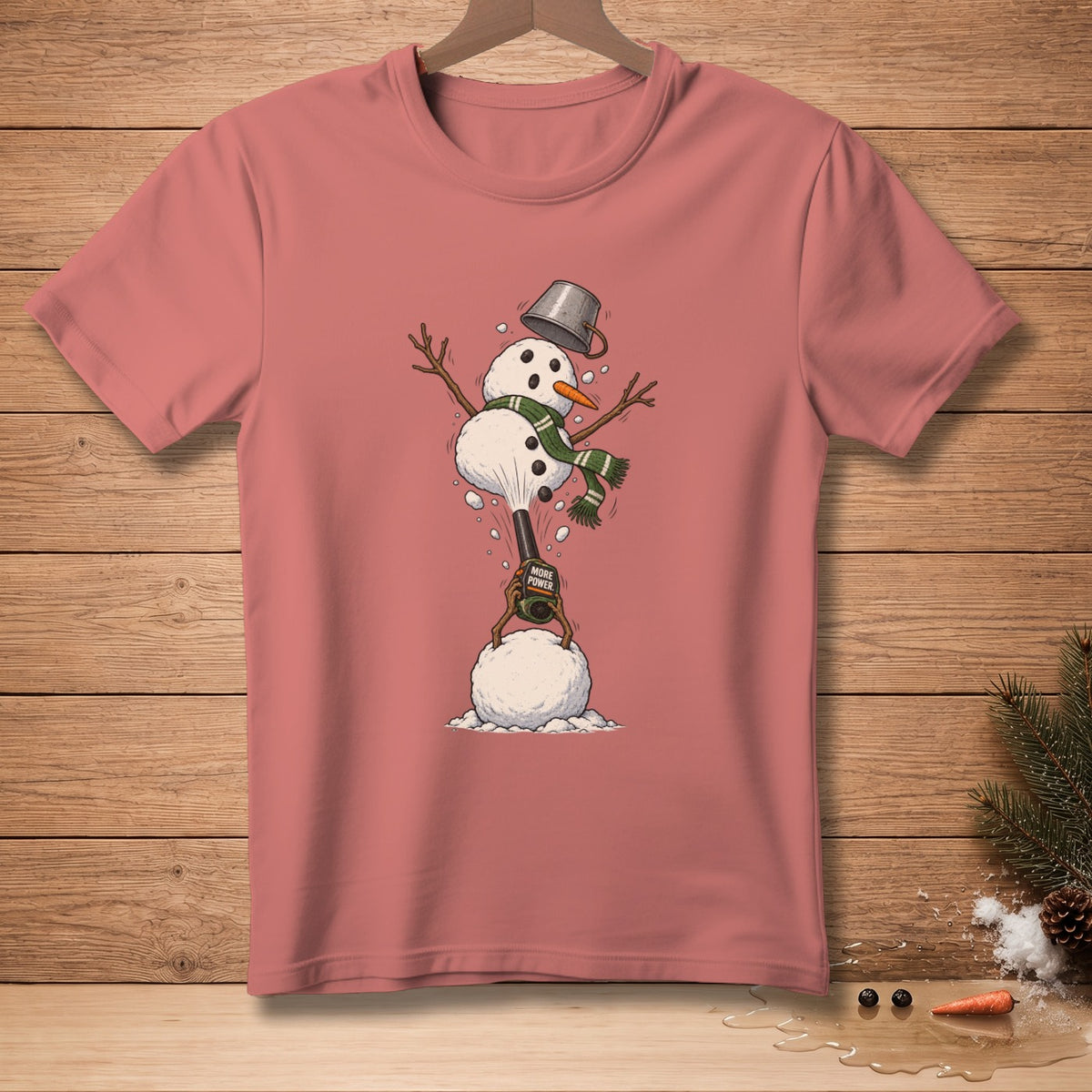 Snowman with bucket hat and scarf lifting a kettlebell with "MORE POWER" text.