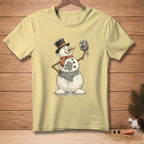 Melting snowman with top hat holding toilet paper that says "GOOD AS NEW."
