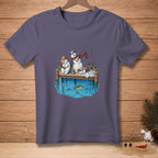 Two snowmen fishing on a wooden dock with a fish jumping from the water.