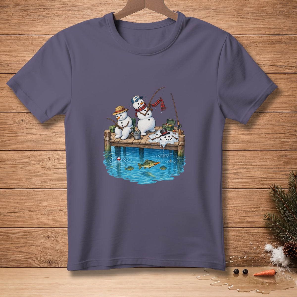 Two snowmen fishing on a wooden dock with a fish jumping from the water.