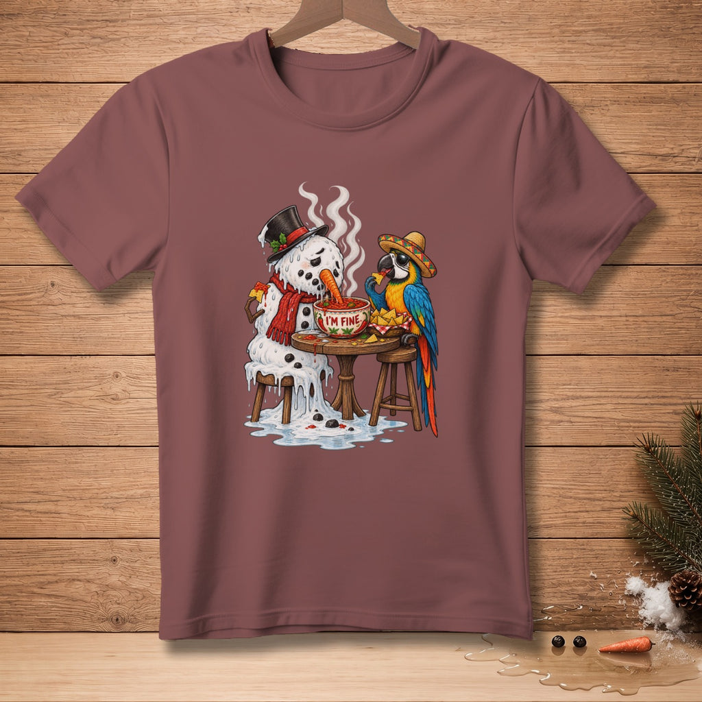 Melting snowman and parrot eating chips and salsa from a bowl labeled "I'M FINE".