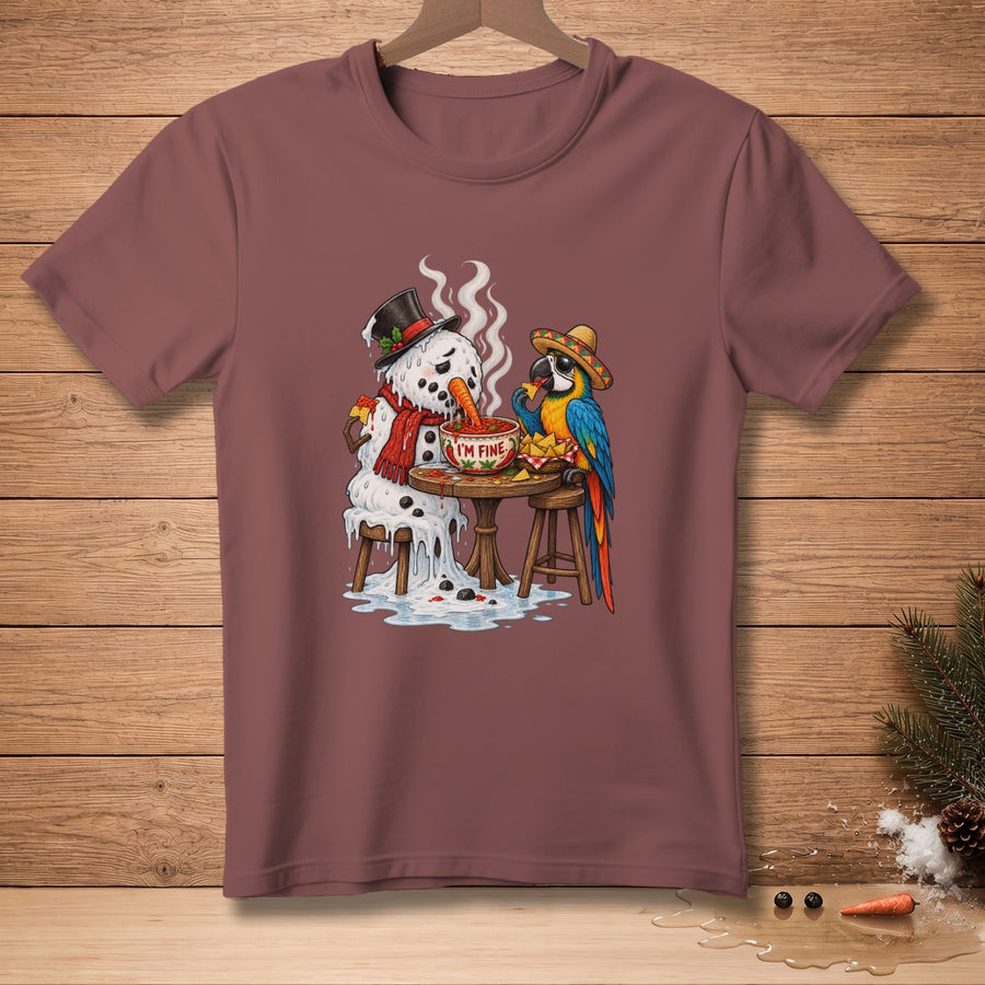 Melting snowman and parrot eating chips and salsa from a bowl labeled "I'M FINE".