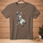 Brown t-shirt with a snowman in an astronaut suit, text reads "SPACE WALK".