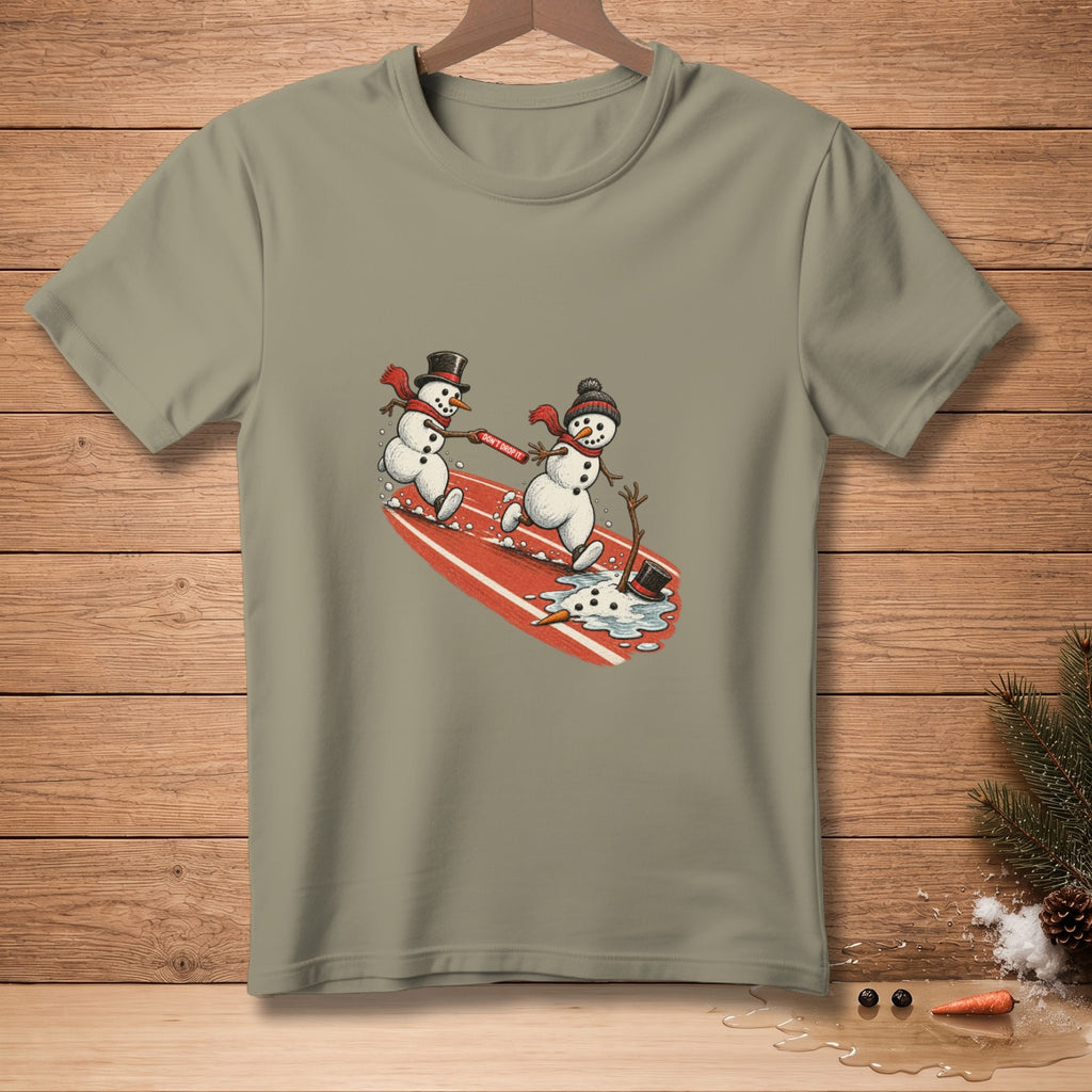 Two snowmen on a sled with text "DON'T DROP IT".