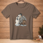 Snowman melts onto porcupine covered in ice cubes on brown t-shirt.