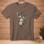 Snowman ziplining upside down with a bucket and a carrot nose.