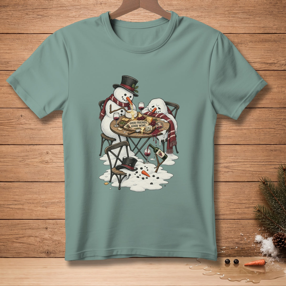 Two snowmen enjoy wine and cheese with text "Good Friends, Good Wine."