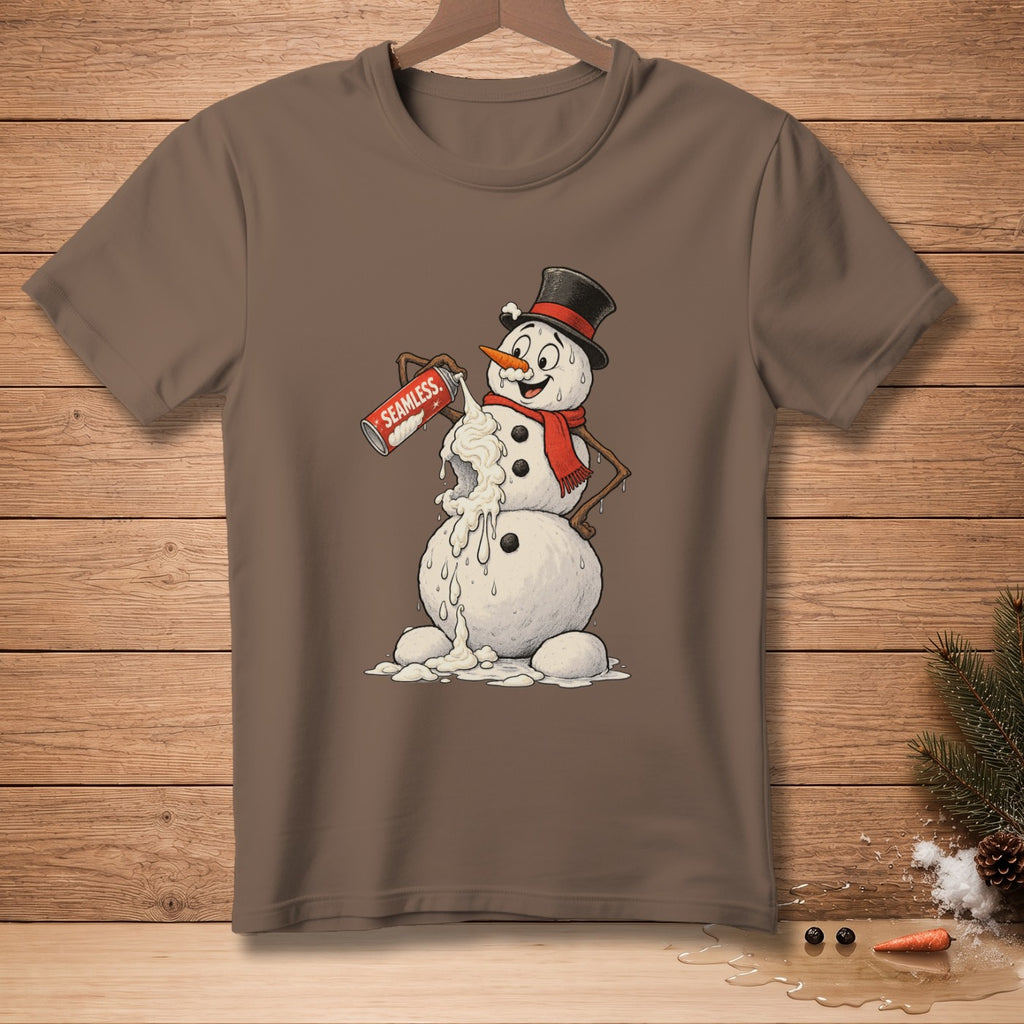 Brown t-shirt with a melting snowman in a top hat and scarf holding a can labeled SEAMLESS.