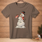 Brown t-shirt with a melting snowman in a top hat and scarf holding a can labeled SEAMLESS.