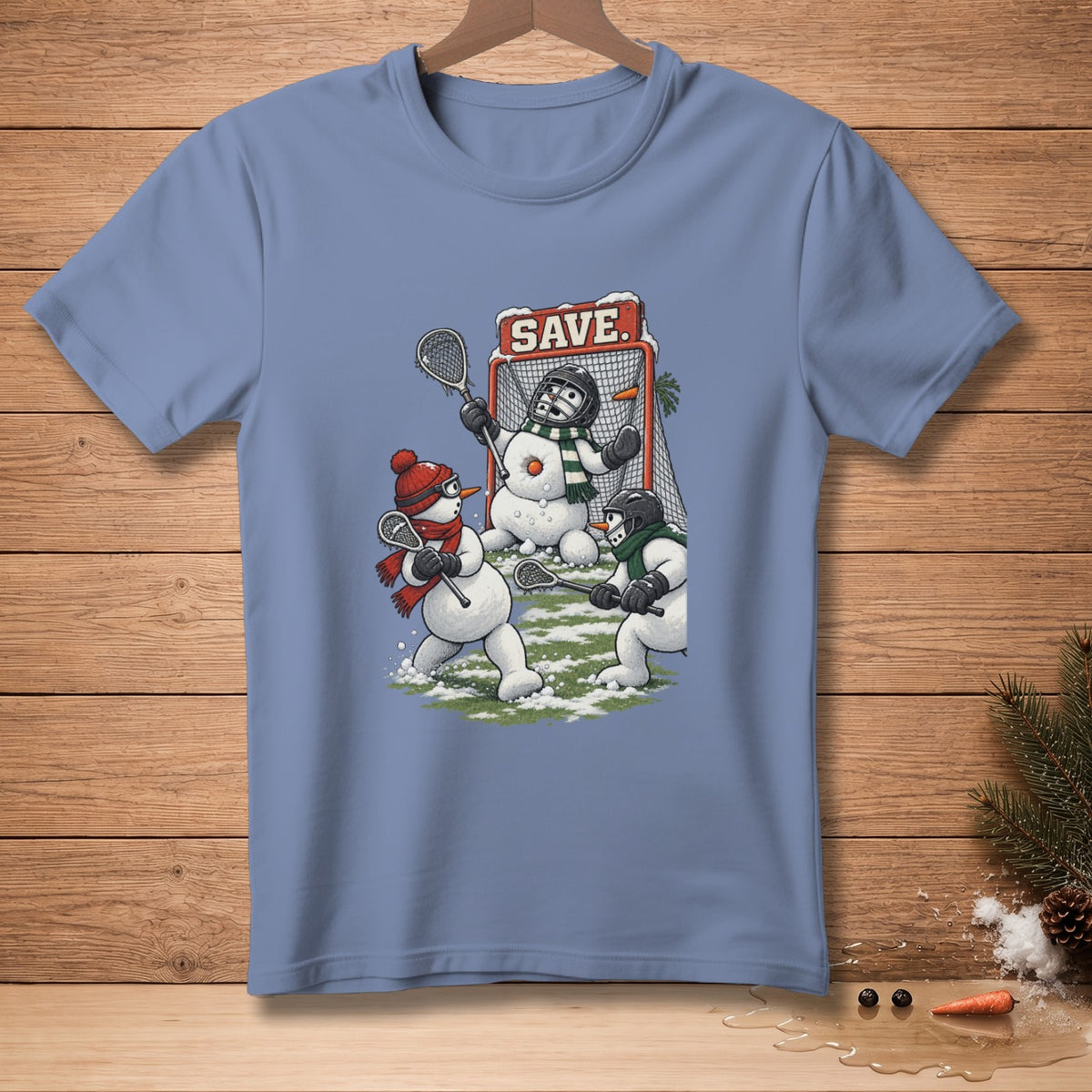 Snowmen playing lacrosse in front of a net with the word "SAVE."
