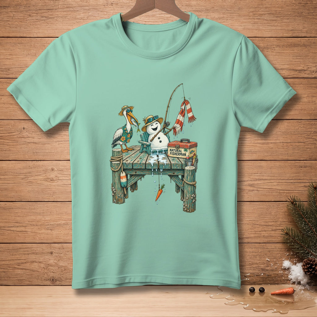 Snowman and pelican fishing on a dock, with "Natural Fisherman" text.