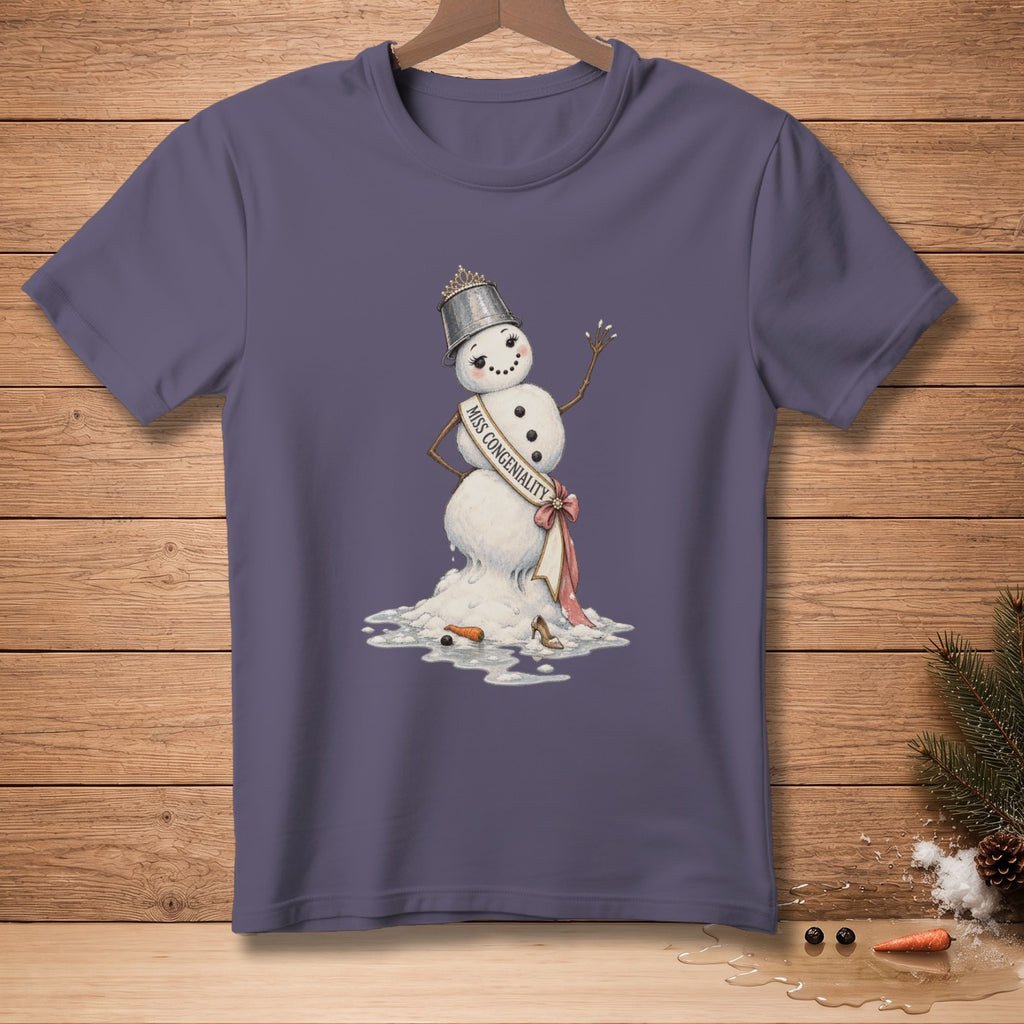Melting snowman with "Miss Congeniality" sash and bucket crown on a t-shirt.