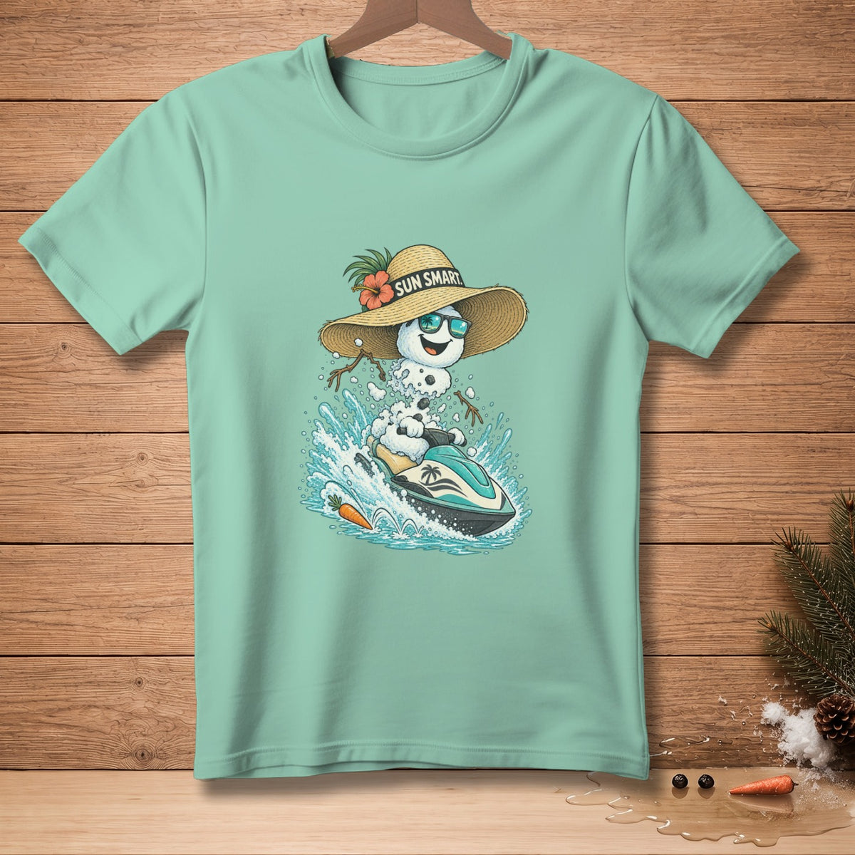 Snowman wearing a straw hat and sunglasses riding a jet ski, with text "SUN SMART".