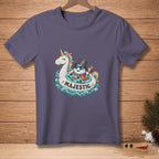 T-shirt with snowman and unicorn on inner tube with text "MAJESTIC."