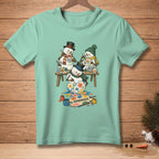 Three snowmen painting with colorful flowers and "HANDMADE" text on palette.