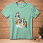 Three melting snowmen in Hawaiian shirts and hats glassblow near a furnace.