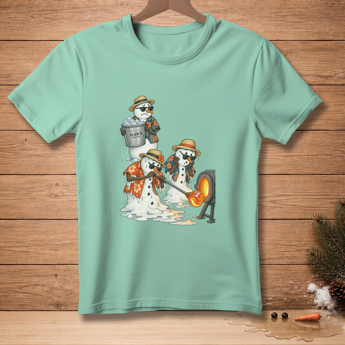 Three melting snowmen in Hawaiian shirts and hats glassblow near a furnace.