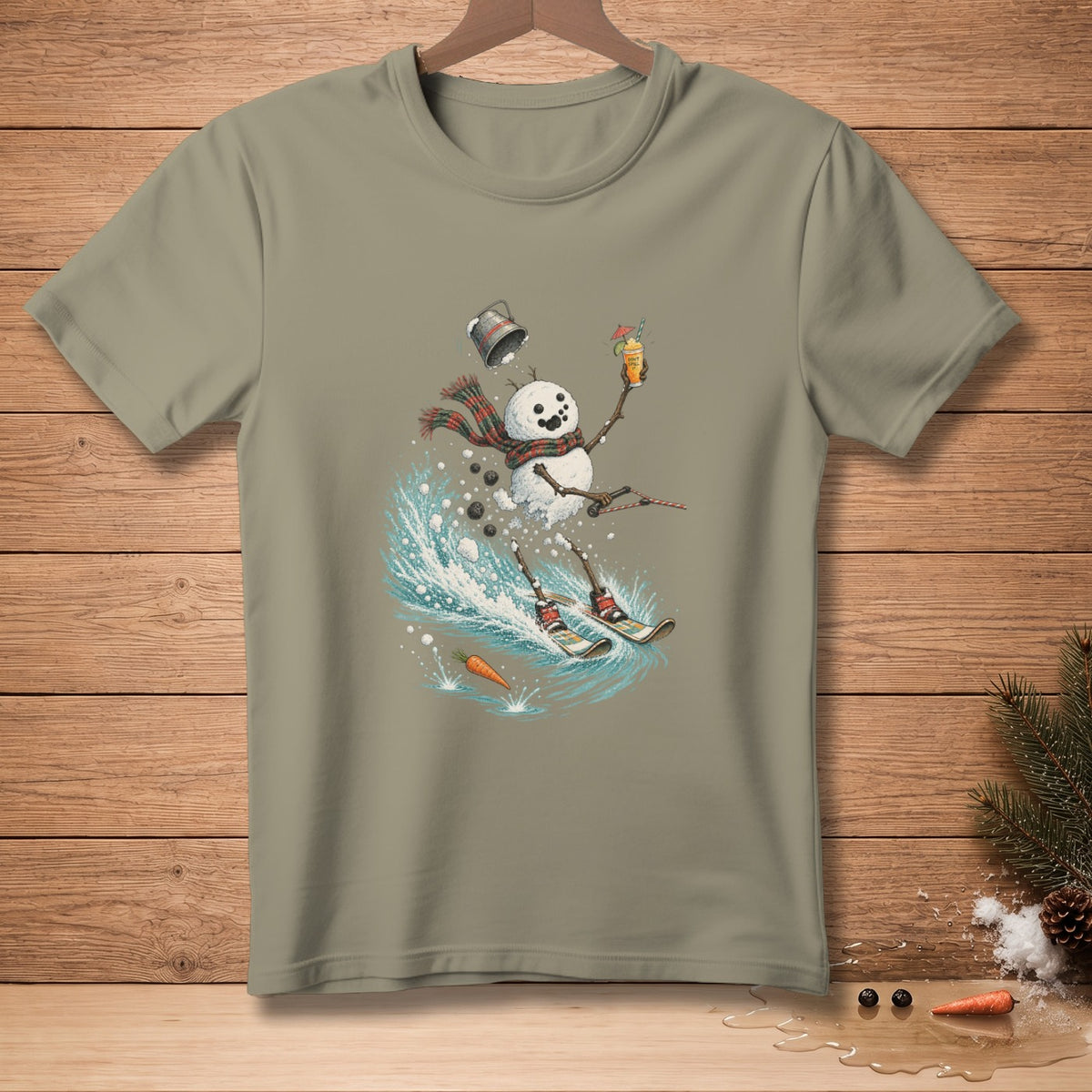 Snowman skiing through water with a drink and a bucket hat.