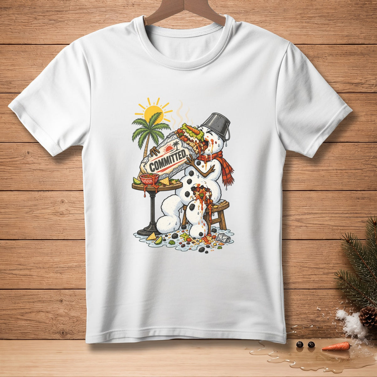Melting snowman eating a large burrito with "COMMITTED" text.