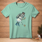 Mint t-shirt with a snowman diver with "DEEP THOUGHTS" tank and a fish.