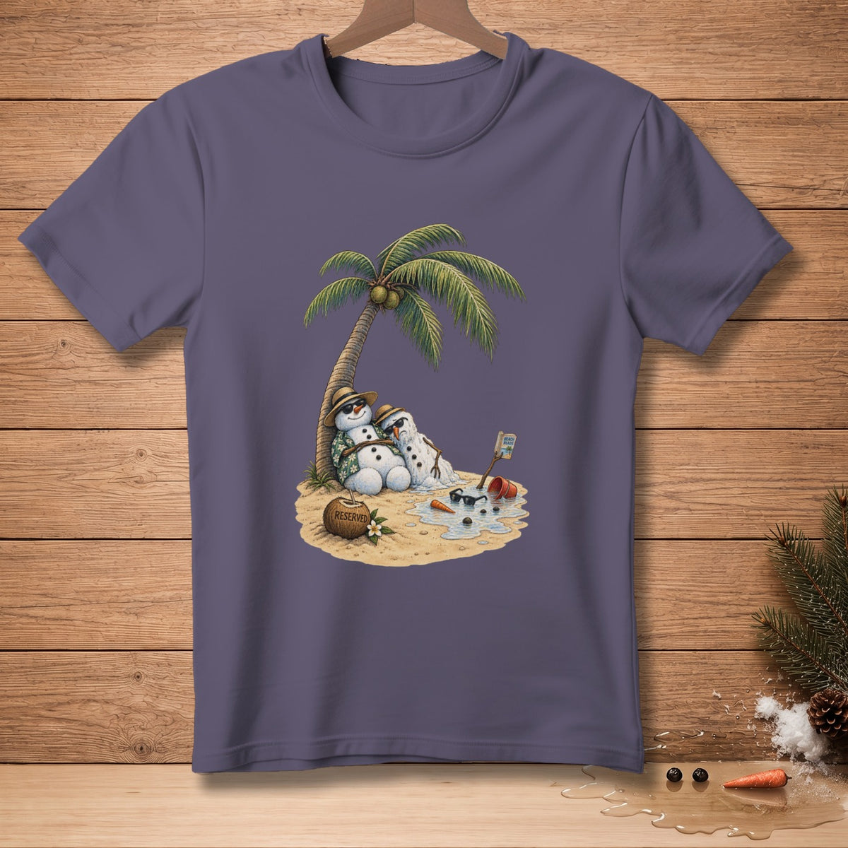 Melting snowmen under a palm tree on a beach, with a coconut labeled "RESERVED."