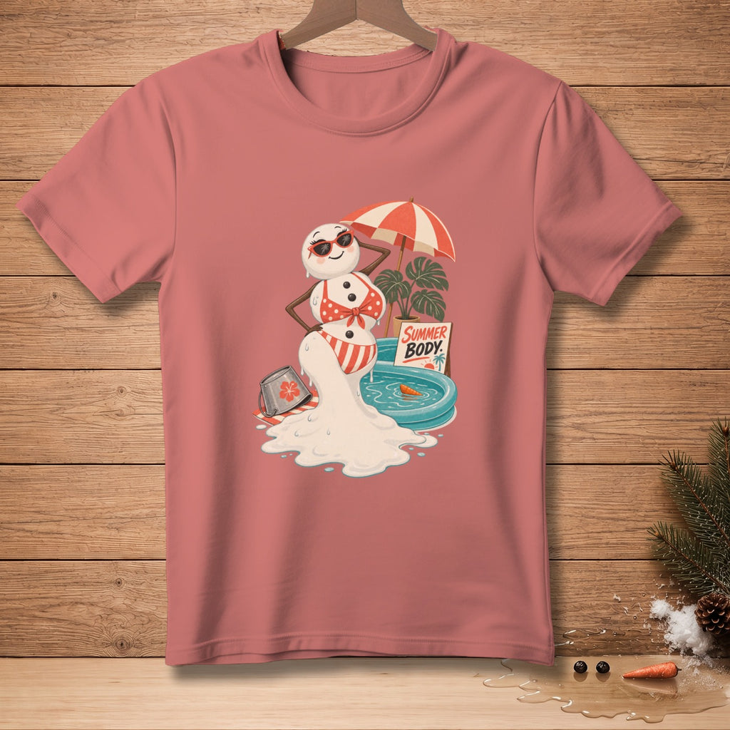 Melting snowman in bikini under umbrella with "Summer Body" sign.