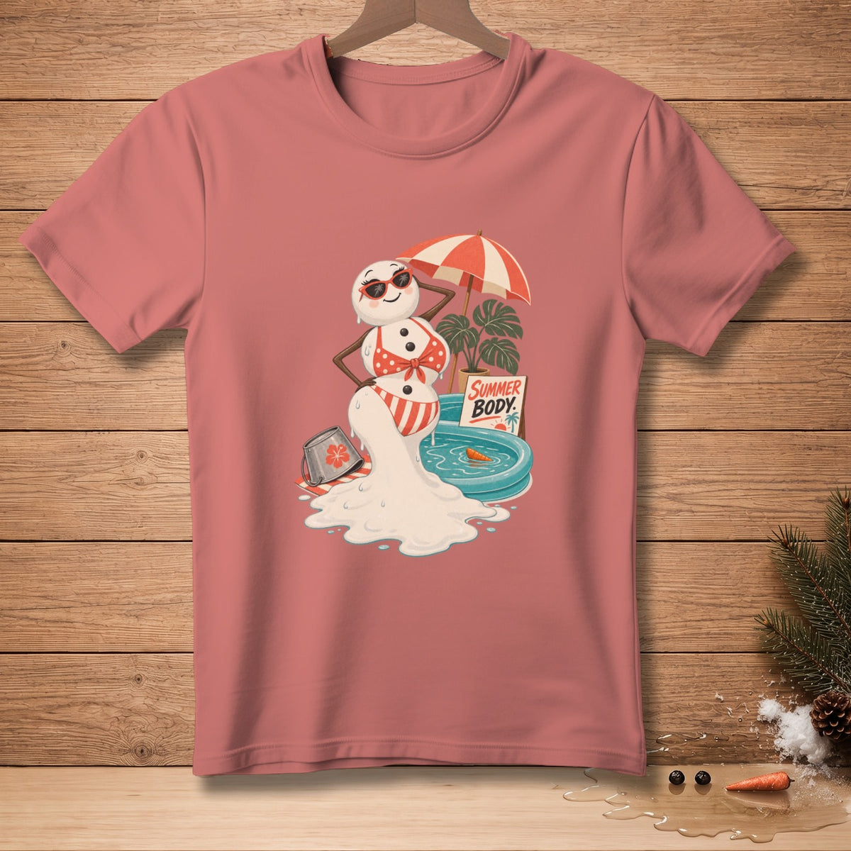 Melting snowman in bikini under umbrella with "Summer Body" sign.