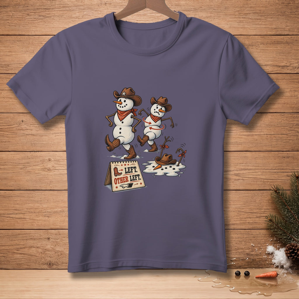 Two snowmen in cowboy hats and boots dance next to a melting snowman and a sign.